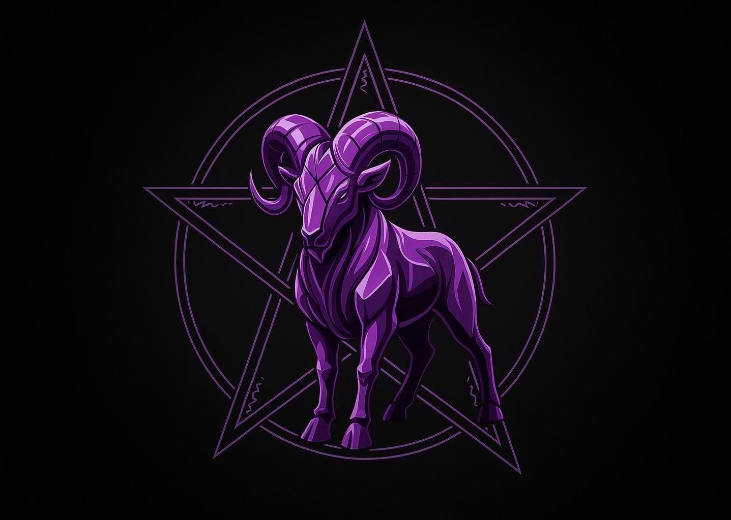 Purple Aries zodiac ram with curved horns in front of a pentagram on black background